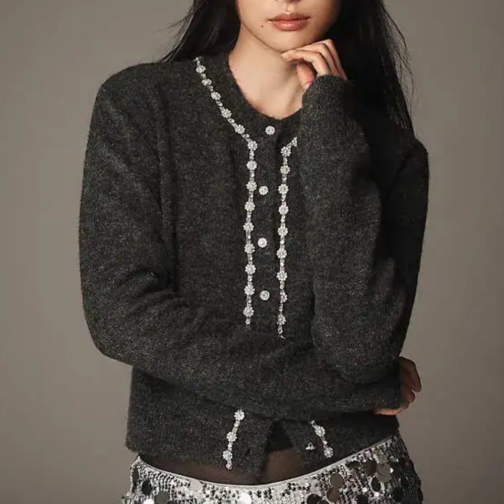 Anthropologie Maeve Dark Gray Crewneck Cardigan with Silver Sequin Trim